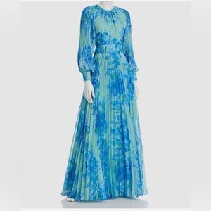 RICKIE FREEMAN FOR TERI JON Floral Print Blue Pleated Gown Size 6 New